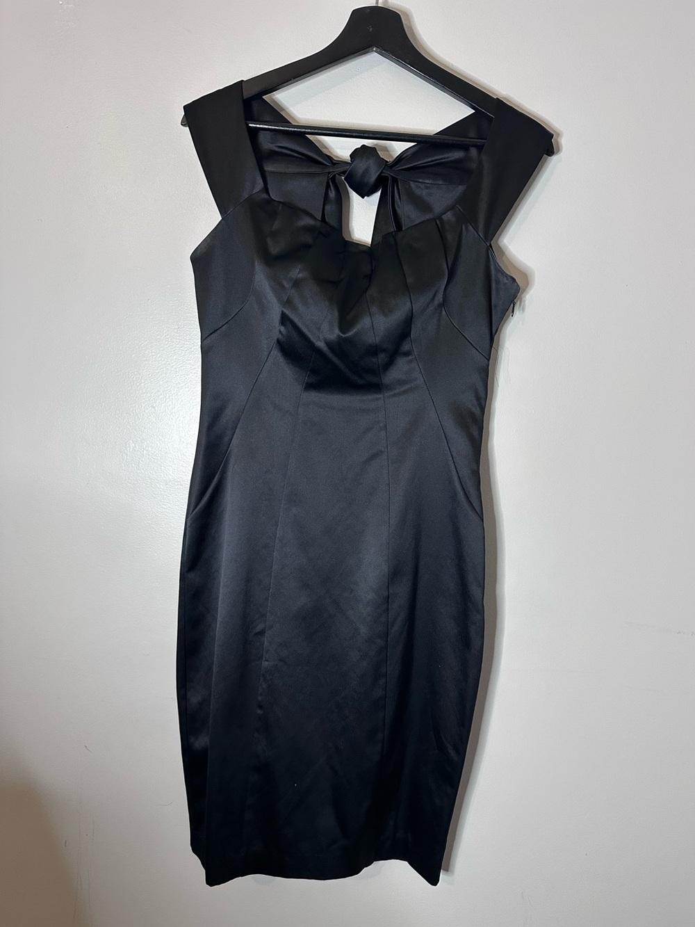 Elegant Black Satin Cocktail Midi Length Dress With Tie Back, 6